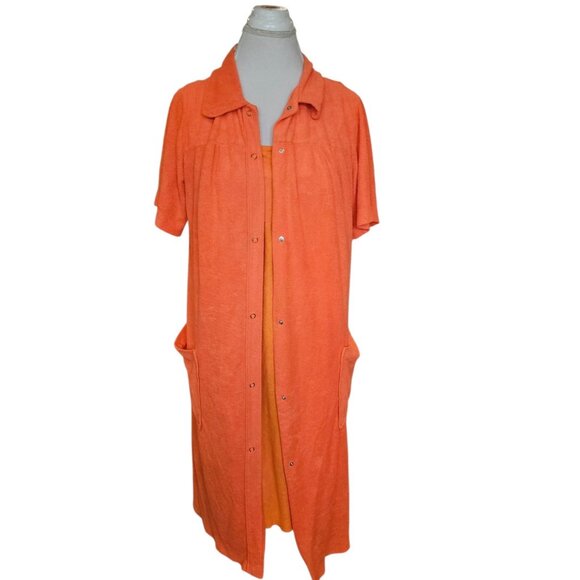 VTG 70s‎ Orange Thin Terry House Dress Robe Sz L XL Pockets 2 Pc Set Terrycloth - Picture 3 of 11